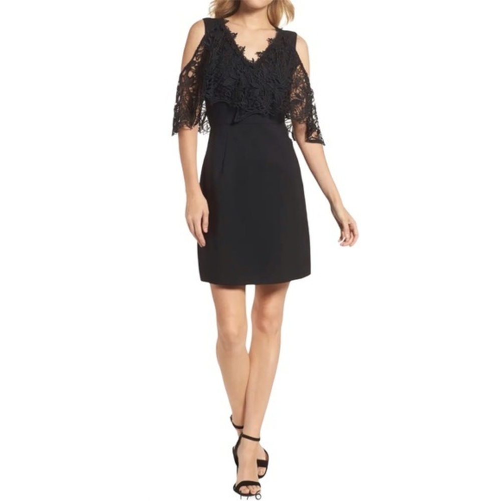 Kobi Halperin Black Sheath Dress romantic lace bodice LBD Size 6